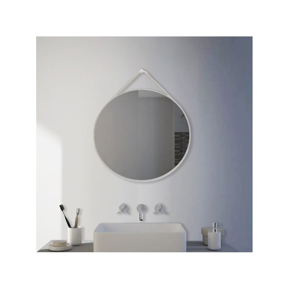 Lory - Miroir rond avec cadre en éco-cuir blanc Fabriqué en Italie
