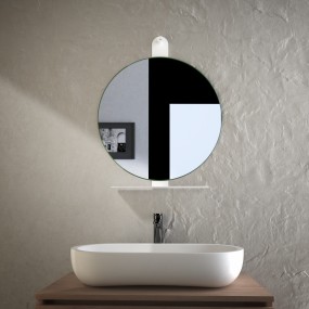 Kiri - Specchio bagno tondo con mensola bianca portaoggetti Made in Italy