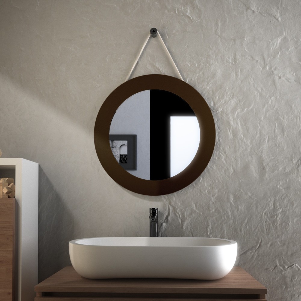 Guru - Miroir de salle de bain rond avec cadre en fer peint corten et corde de chanvre Fabriqué en Italie