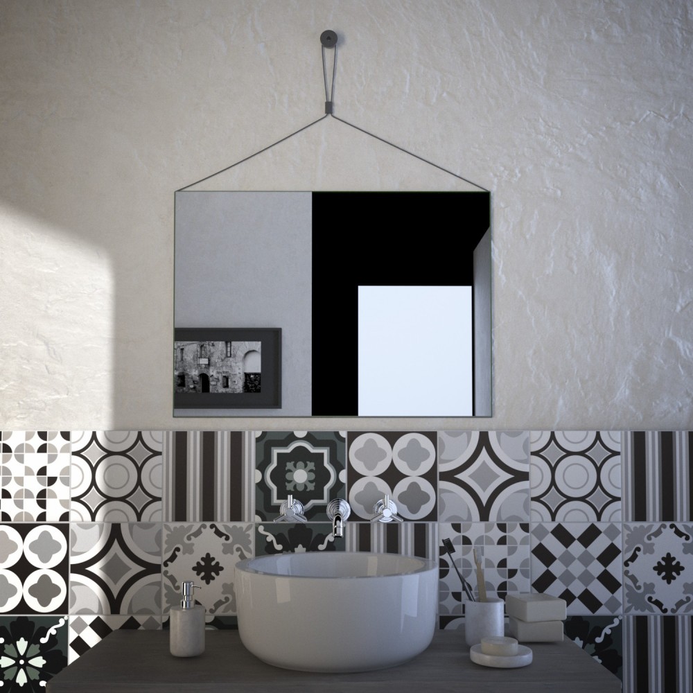 Magnolia - Miroir de salle de bain rectangulaire avec cadre en éco-cuir ou cuir noir Fabriqué en Italie