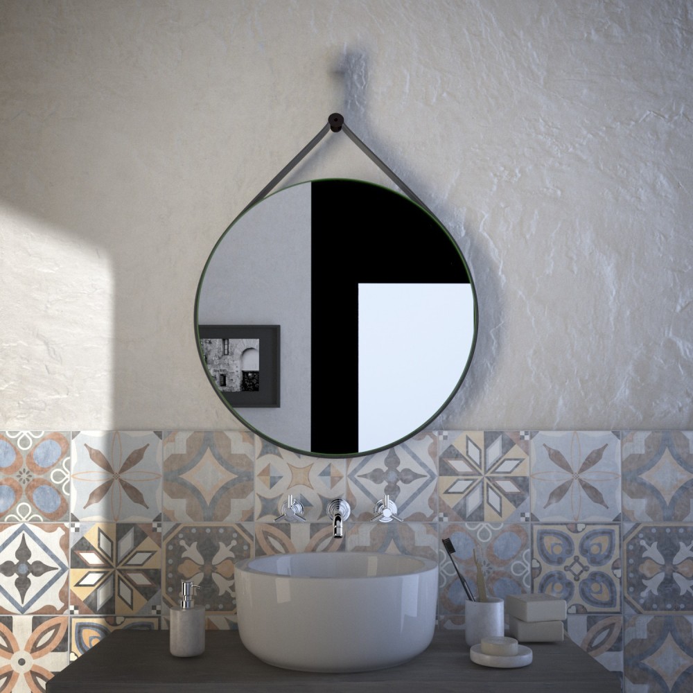 Mirta - Miroir de salle de bain rond avec cadre en éco-cuir noir Fabriqué en Italie